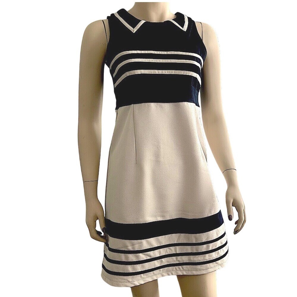 Yumi retro sleeveless sheath mini dress ivory navy stripe‎ size 4
